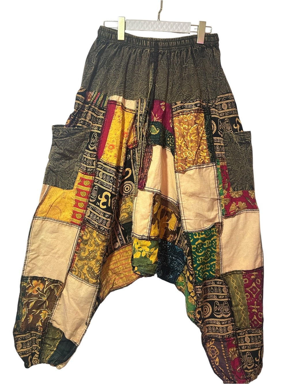 Boho Patchwork Harem Pants One Size Cotton Drop Crotch Hippie Festival Wide Leg